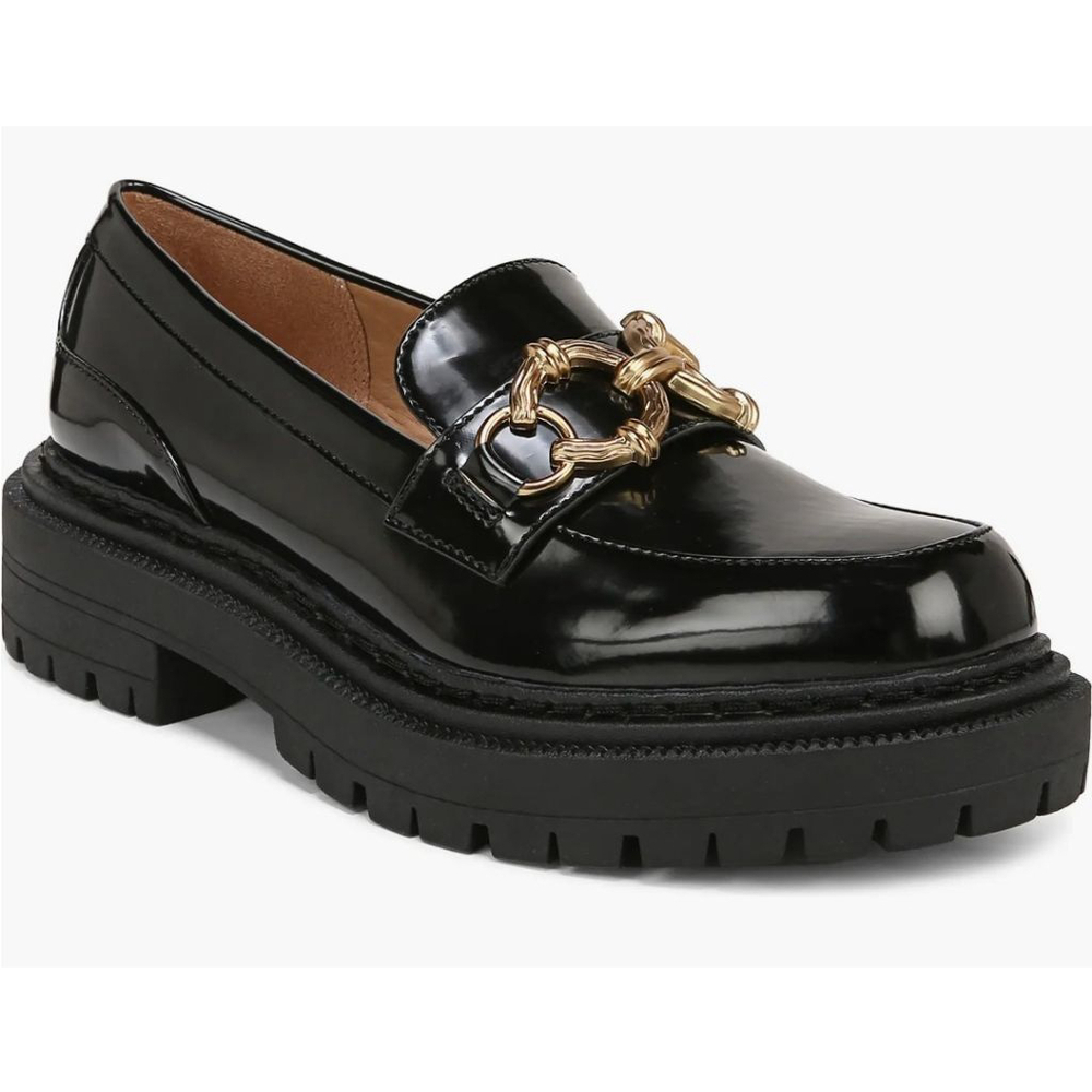 Women's Circus by Sam Edelman Black Patent Loafers with Gold Chain, Size 6